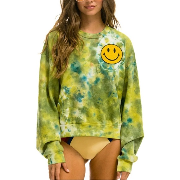 Aviator Nation Tops - Aviator Nation Green and Yellow Tie-Dye Smiley Crop crewneck sweatshirt S